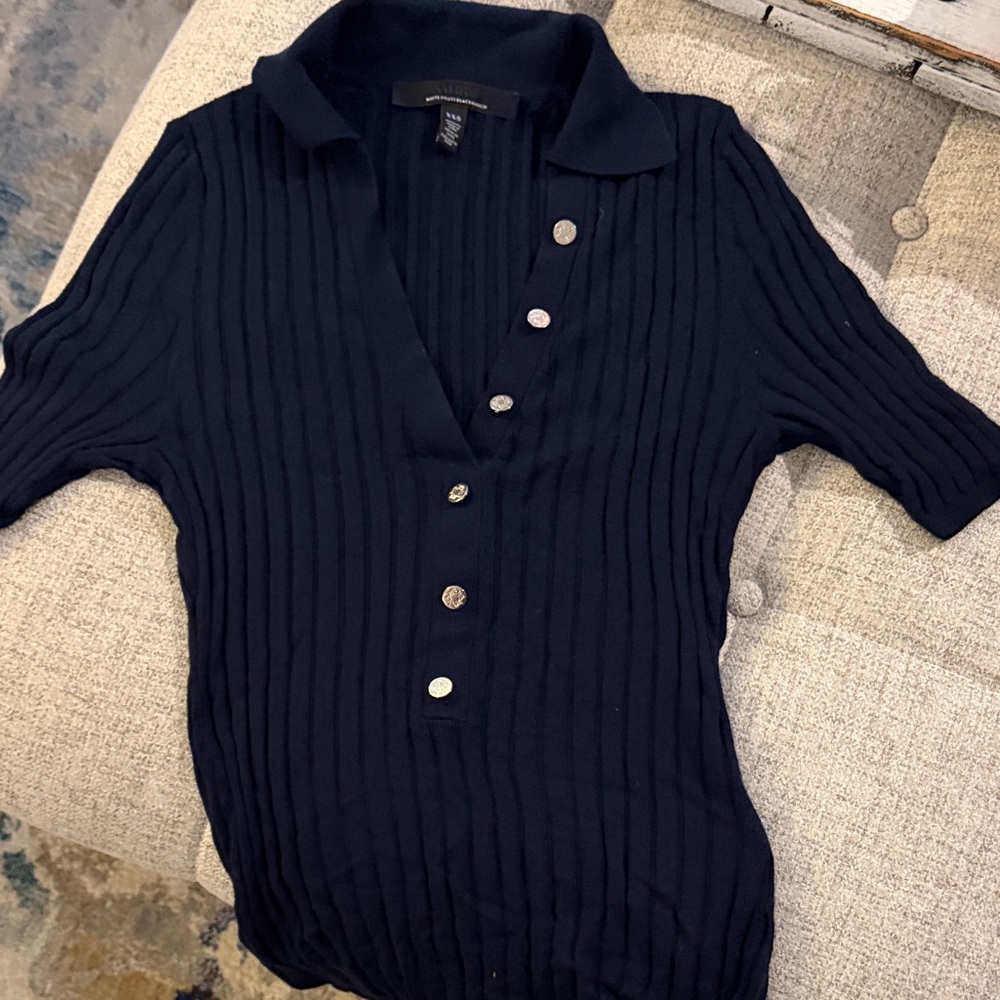 White House Black Market Midnight Ribbed Polo Top
